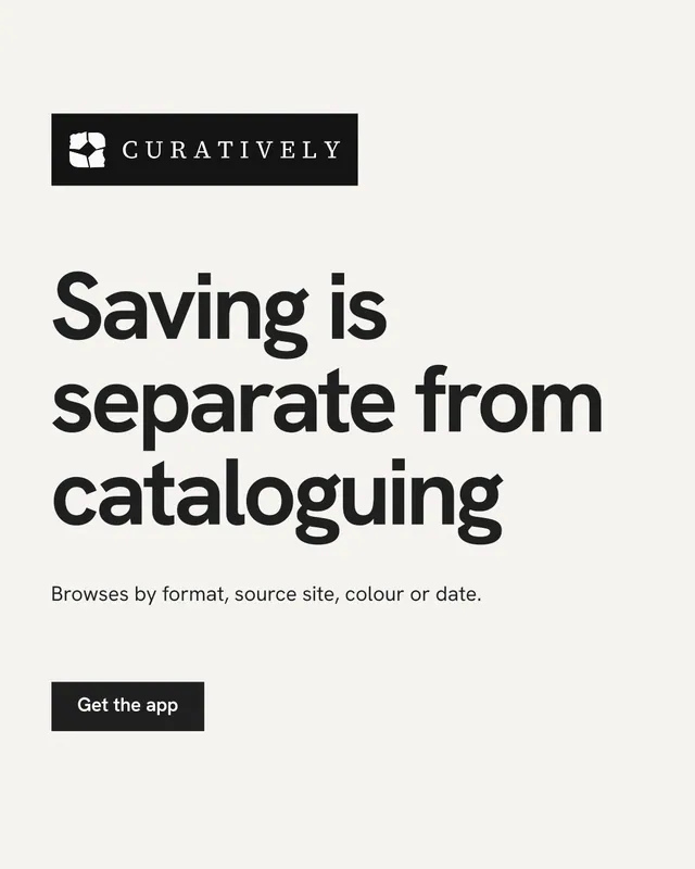 Instagram portrait post for Curatively: "Saving is separate from cataloguing". Swiss style, announce layout, light palette in white, grey.