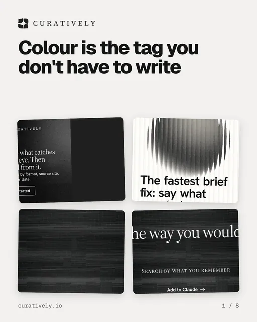 Carousel for Curatively: "Colour is the tag you don't have to write". Collection carousel, 8 slides, light palette.