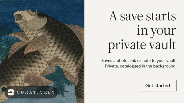 Landscape graphic for Curatively: "A save starts in your private vault". Editorial style, right layout, light palette in white, blue, grey.