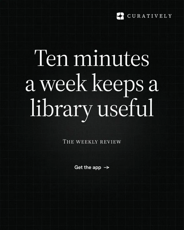 Instagram portrait post for Curatively: "Ten minutes a week keeps a library useful". Phosphor atlas style, smallcaps layout, dark palette in black.