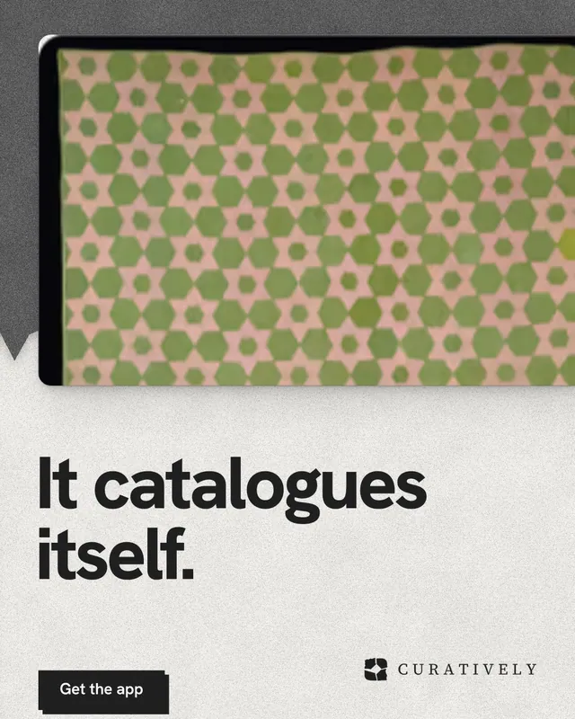 Instagram portrait post for Curatively: "It catalogues itself." Paper trio style, bottom layout, light palette in yellow, white, grey.