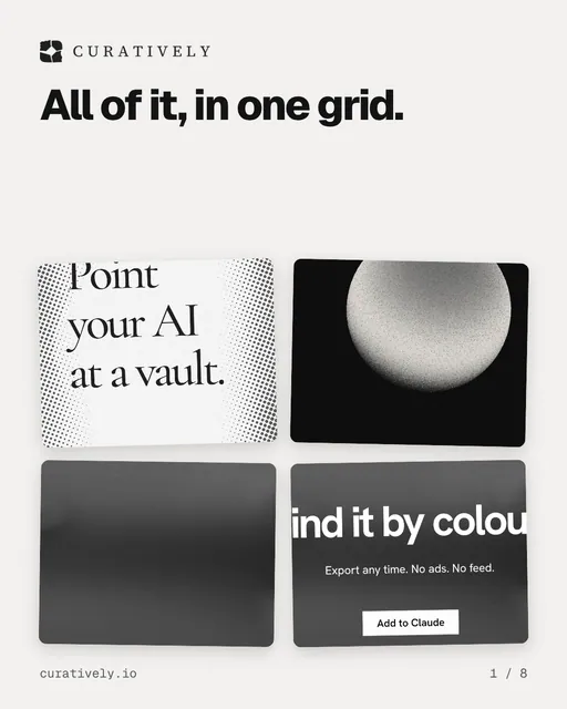 Carousel for Curatively: "All of it, in one grid.". Collection carousel, 8 slides, light palette.