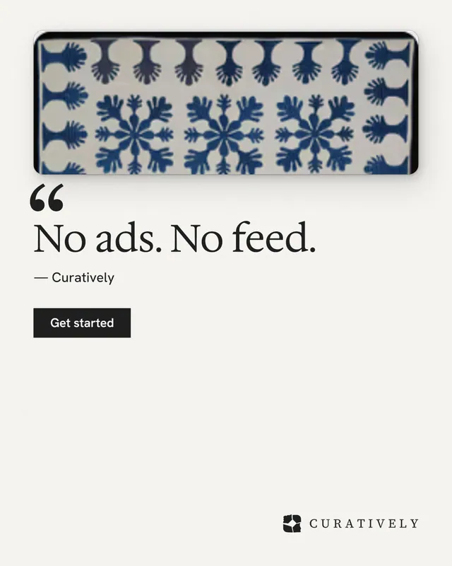 Instagram portrait post for Curatively: "No ads. No feed." Swiss style, quote layout, light palette in white, grey.