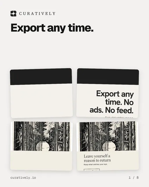 Carousel for Curatively: "Export any time.". Collection carousel, 8 slides, light palette.
