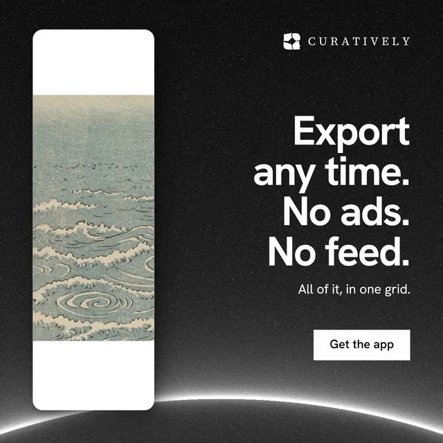 Instagram post for Curatively: "Export any time. No ads. No feed." Swiss style, right layout, dark palette in grey, black.