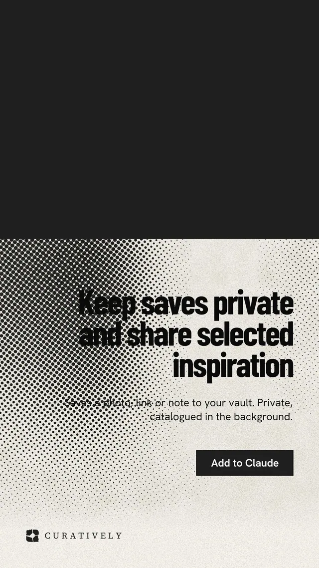 Instagram story for Curatively: "Keep saves private and share selected inspiration". Ink sticker style, right layout, light palette in black, yellow, grey.