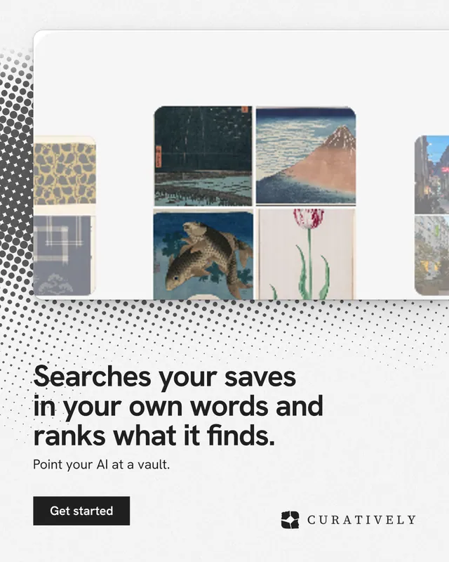 Instagram portrait post for Curatively: "Searches your saves in your own words and ranks what it finds." Swiss style, bottom layout, light palette in white, grey.
