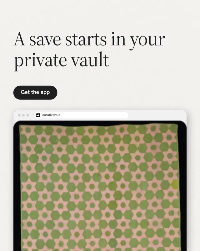 Instagram portrait post for Curatively: "A save starts in your private vault". Data card style, browser layout, light palette in white, orange, yellow.
