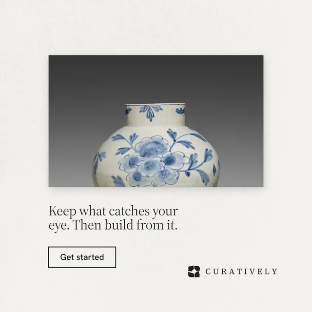 Instagram post for Curatively: "Keep what catches your eye. Then build from it." Editorial style, bottom layout, light palette in white, grey.