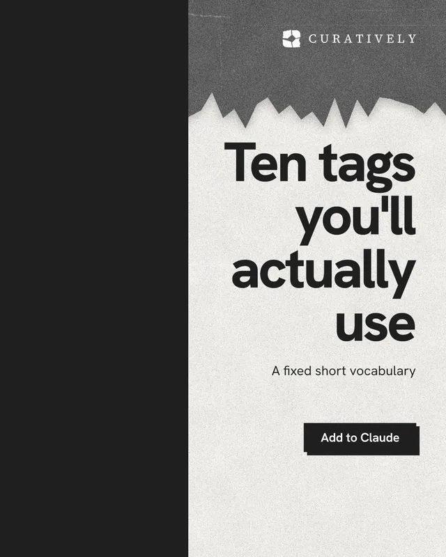Instagram portrait post for Curatively: "Ten tags you'll actually use". Paper trio style, right layout, light palette in black, white, grey.