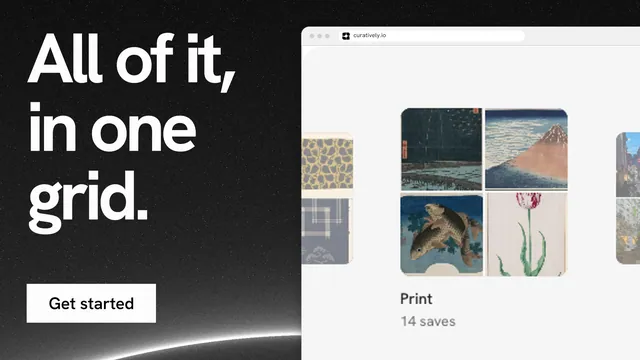 Landscape graphic for Curatively: "All of it, in one grid." Swiss style, browser layout, light palette in black, white, grey.