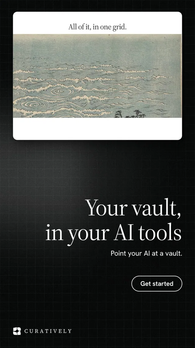 Instagram story for Curatively: "Your vault, in your AI tools". Phosphor atlas style, right layout, dark palette in grey, black.