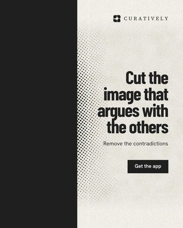 Instagram portrait post for Curatively: "Cut the image that argues with the others". Ink sticker style, right layout, light palette in black, yellow, white.