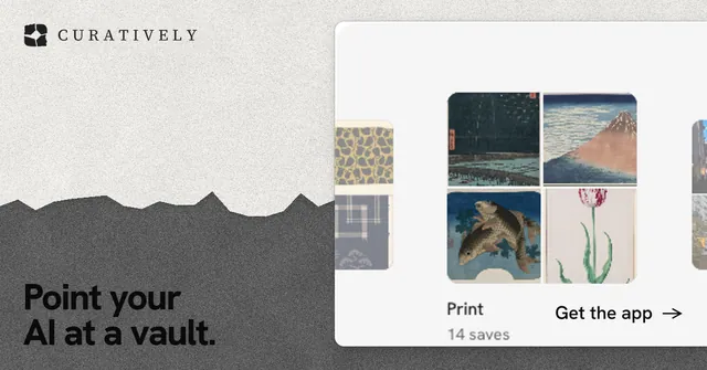 Social ad for Curatively: "Point your AI at a vault." Paper trio style, image led layout, light palette in white, grey.