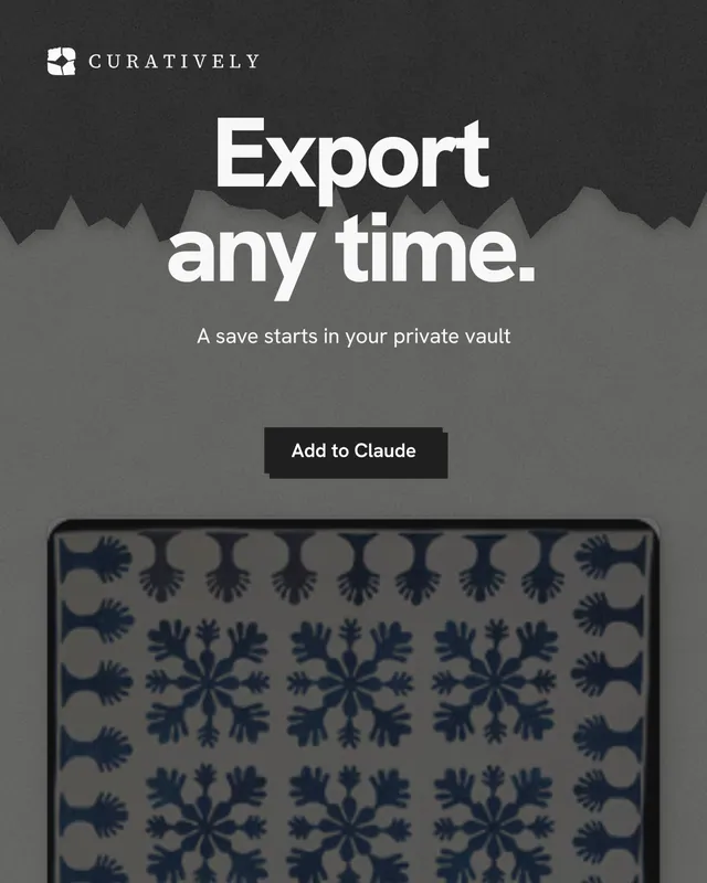 Instagram portrait post for Curatively: "Export any time." Paper trio style, centred layout, dark palette in grey, black.