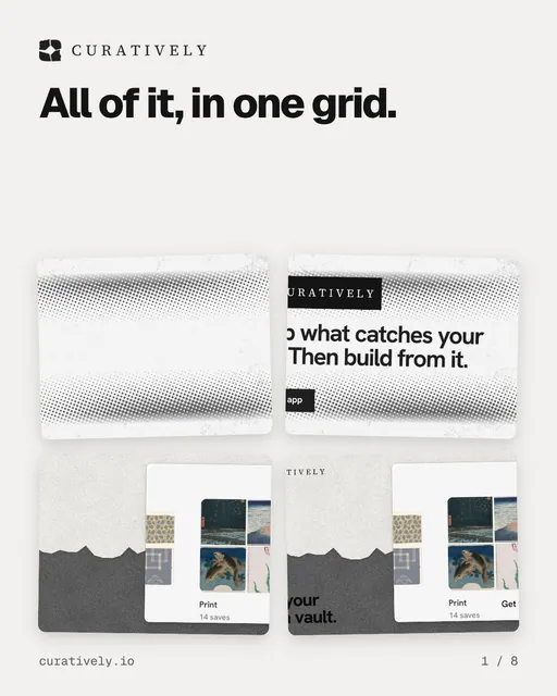 Carousel for Curatively: "All of it, in one grid.". Collection carousel, 8 slides, light palette.