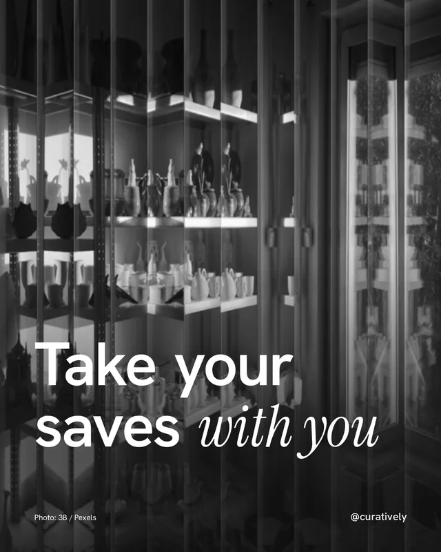 Instagram portrait post for Curatively: "Take your saves with you". Photo style, technique:fluted glass layout, dark palette in black, grey.