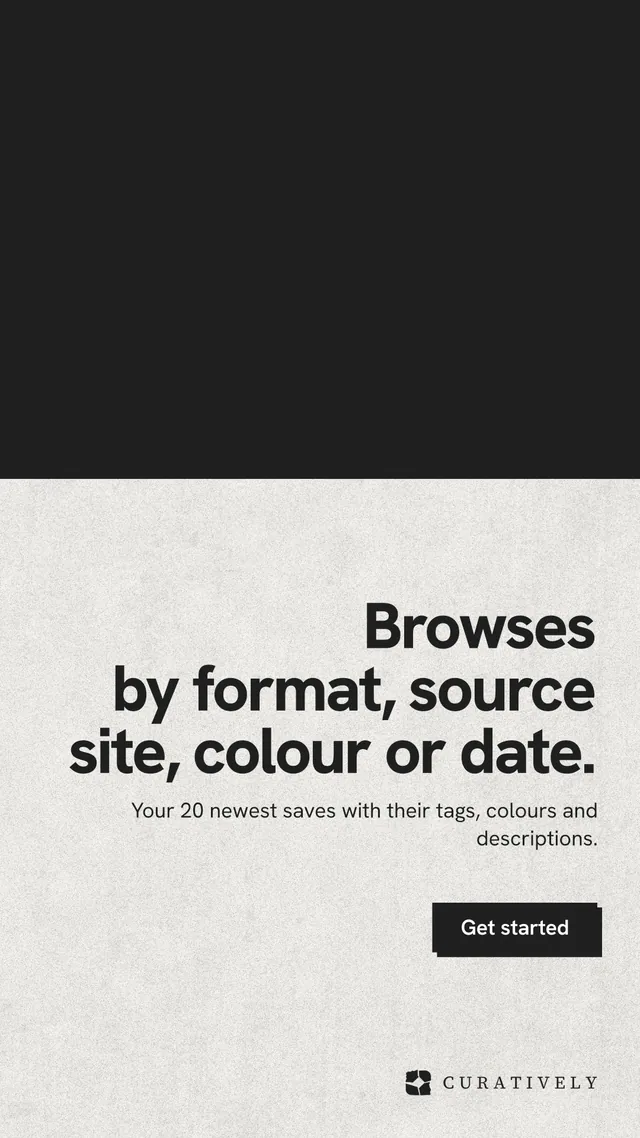 Instagram story for Curatively: "Browses by format, source site, colour or date." Paper trio style, right layout, light palette in white, black.