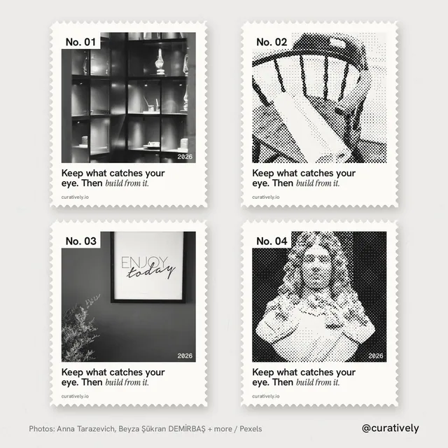 Instagram post for Curatively: "Keep what catches your eye. Then build from it." Sheet style, technique:stamp series layout, light palette in white, grey.