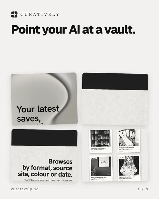 Carousel for Curatively: "Point your AI at a vault.". Collection carousel, 8 slides, light palette.
