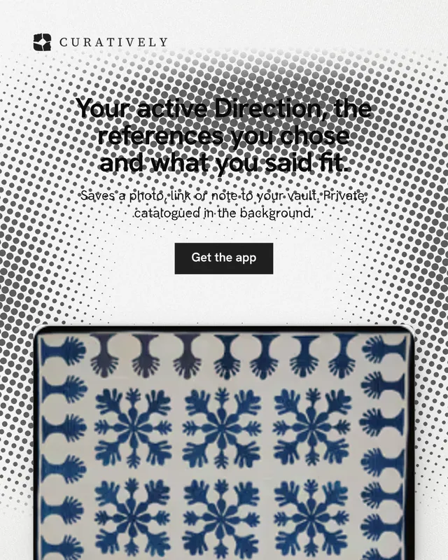 Instagram portrait post for Curatively: "Your active Direction, the references you chose and what you said fit." Swiss style, centred layout, light palette in grey, white.