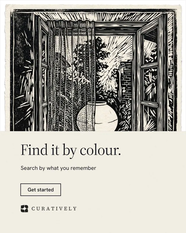Instagram portrait post for Curatively: "Find it by colour." Editorial style, bottom layout, light palette in yellow, black, grey.