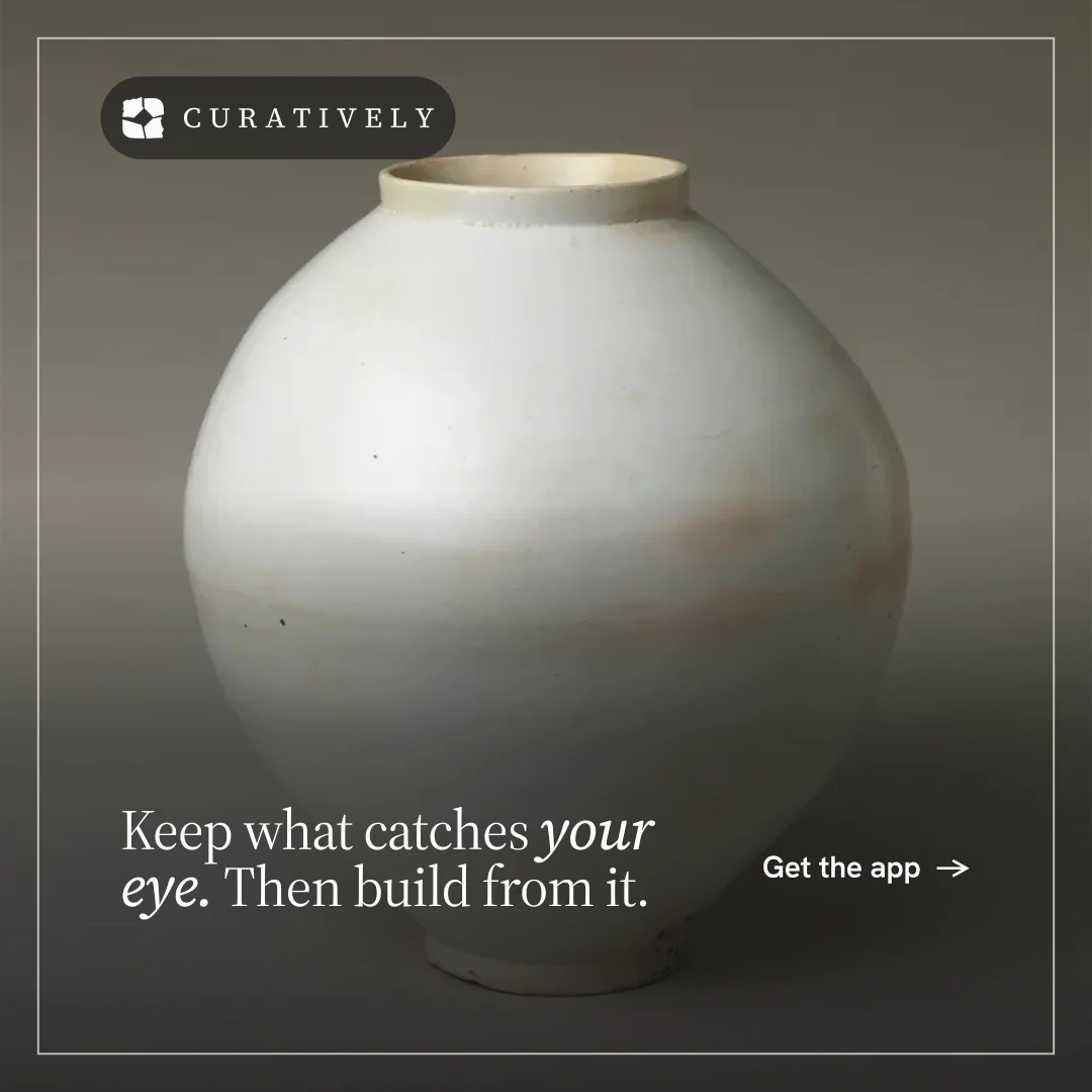 Instagram post for Curatively: "Keep what catches your eye. Then build from it." Editorial style, image led layout, dark palette in grey, black, white.