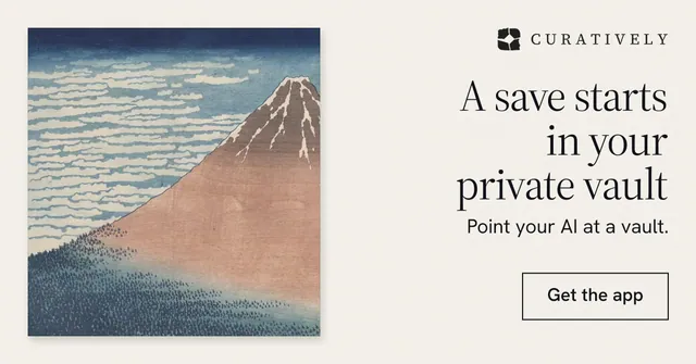 Social ad for Curatively: "A save starts in your private vault". Editorial style, right layout, light palette in grey, white.