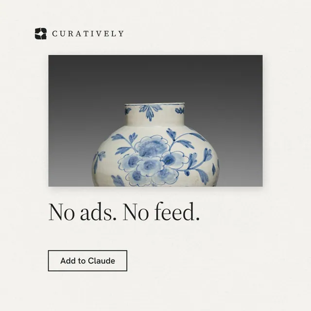 Instagram post for Curatively: "No ads. No feed." Editorial style, bottom layout, light palette in white, grey.