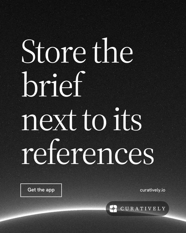 Instagram portrait post for Curatively: "Store the brief next to its references". Editorial style, poster layout, dark palette in black, grey.