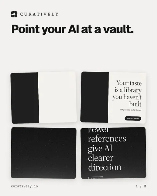 Carousel for Curatively: "Point your AI at a vault.". Collection carousel, 8 slides, light palette.
