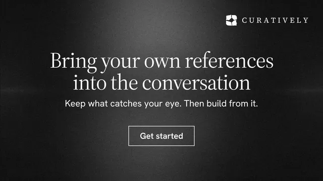 Landscape graphic for Curatively: "Bring your own references into the conversation". Dark deco style, centred layout, dark palette in black, grey.