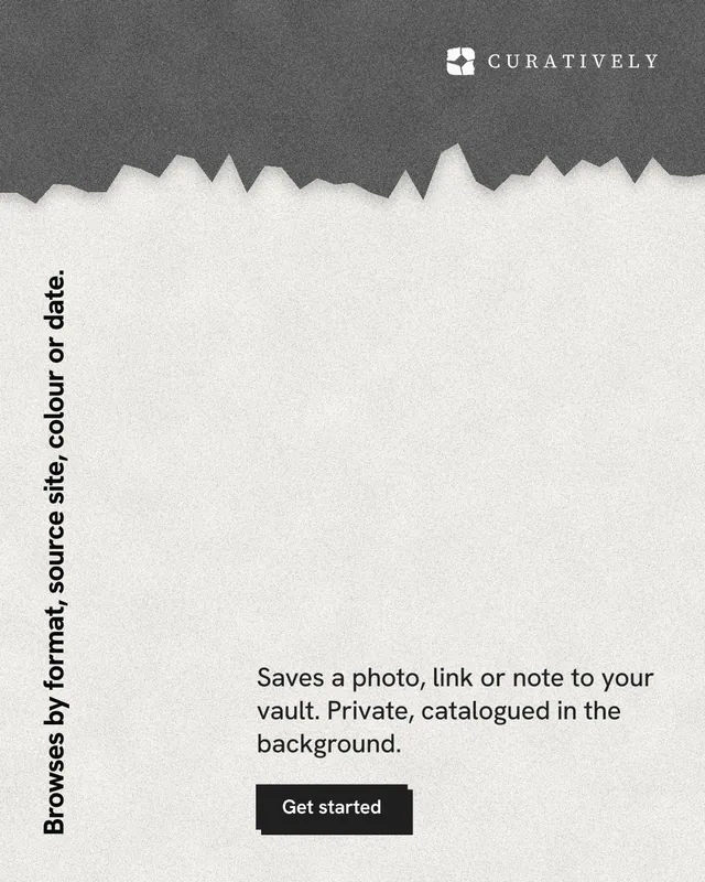 Instagram portrait post for Curatively: "Browses by format, source site, colour or date." Paper trio style, vertical layout, light palette in white, grey.