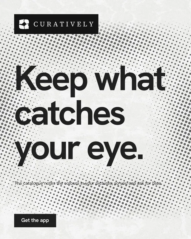 Instagram portrait post for Curatively: "Keep what catches your eye." Swiss style, announce layout, light palette in white, grey.