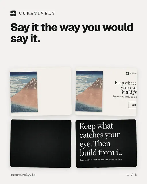 Carousel for Curatively: "Say it the way you would say it.". Collection carousel, 8 slides, light palette.