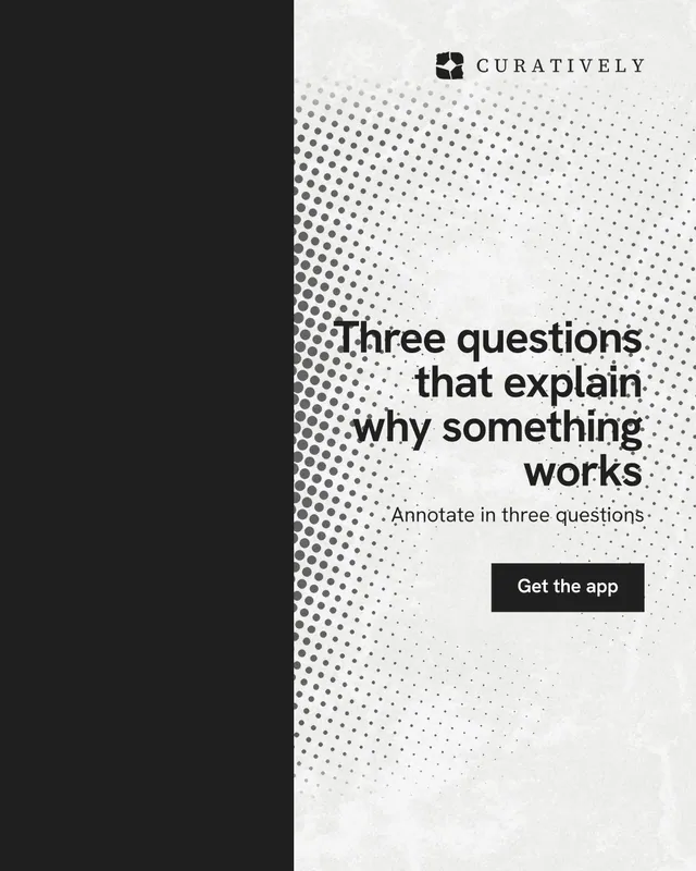 Instagram portrait post for Curatively: "Three questions that explain why something works". Swiss style, right layout, light palette in black, white.