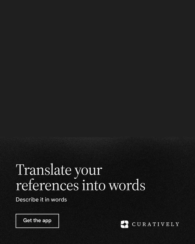 Instagram portrait post for Curatively: "Translate your references into words". Dark deco style, bottom layout, dark palette in black.