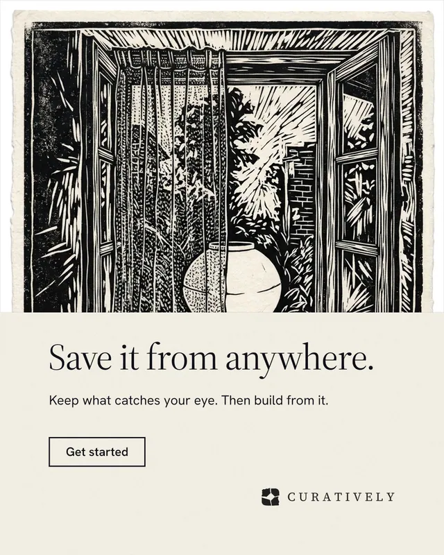 Instagram portrait post for Curatively: "Save it from anywhere." Editorial style, bottom layout, light palette in yellow, black, grey.