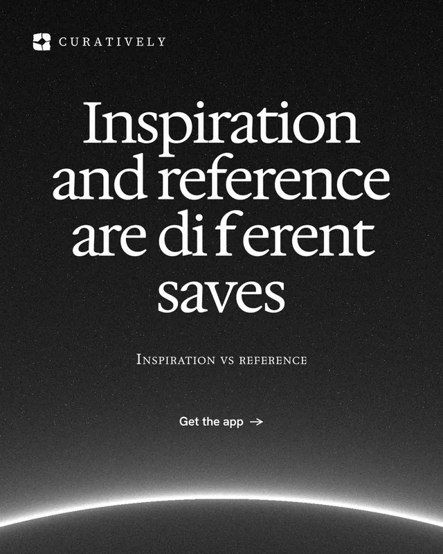 Instagram portrait post for Curatively: "Inspiration and reference are different saves". Swiss style, smallcaps layout, dark palette in black, grey.
