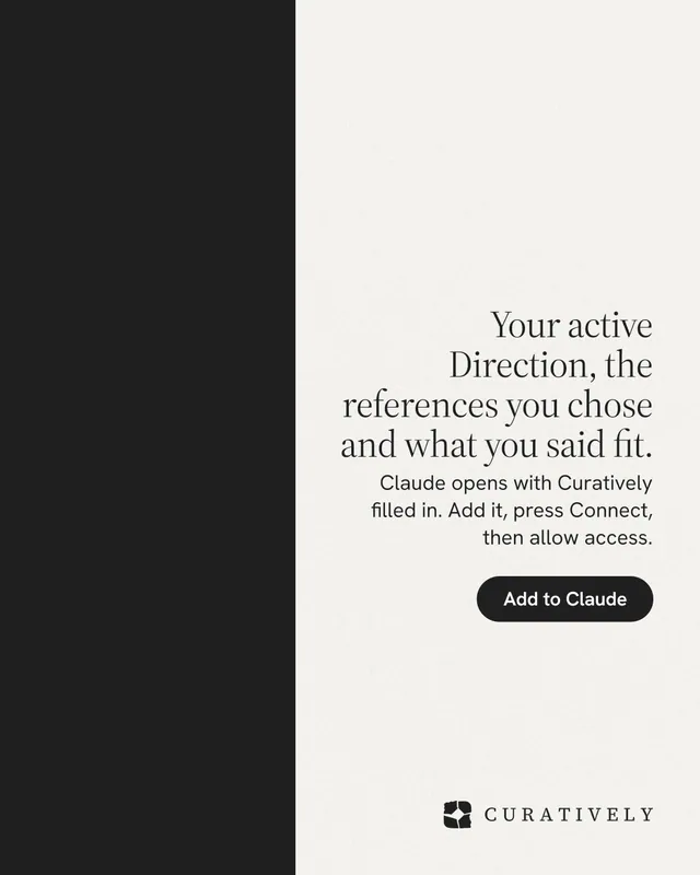 Instagram portrait post for Curatively: "Your active Direction, the references you chose and what you said fit." Data card style, right layout, light palette in white, black.