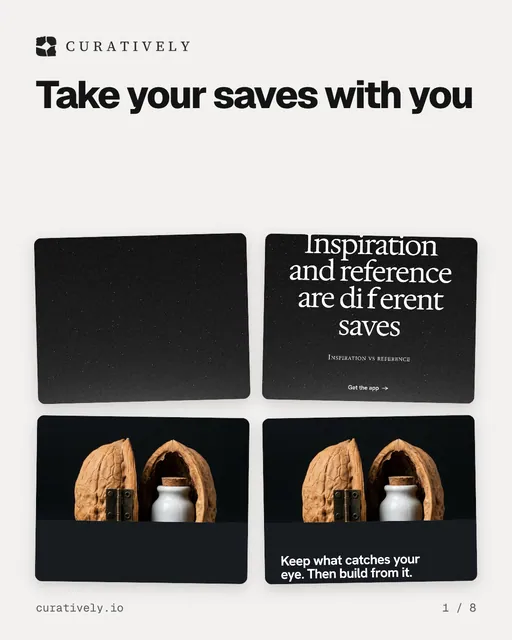 Carousel for Curatively: "Take your saves with you". Collection carousel, 8 slides, light palette.
