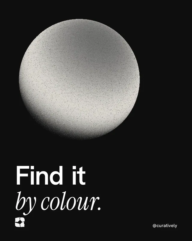 Instagram portrait post for Curatively: "Find it by colour." Auto 4x5 style, technique:shader field layout, dark palette in black, grey.