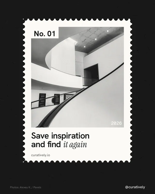 Instagram portrait post for Curatively: "Save inspiration and find it again". Single style, technique:stamp series layout, light palette in black, white, grey.