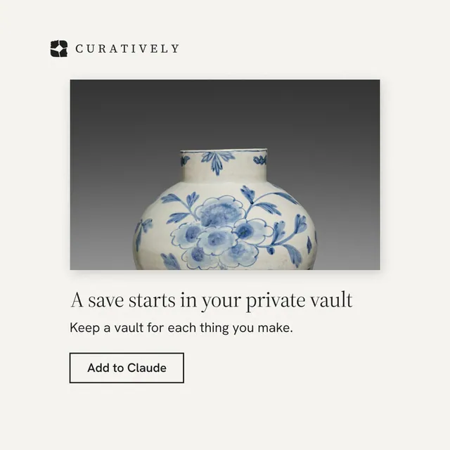 Instagram post for Curatively: "A save starts in your private vault". Editorial style, bottom layout, light palette in white, grey.