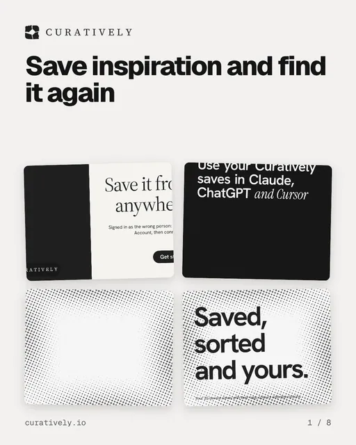 Carousel for Curatively: "Save inspiration and find it again". Collection carousel, 8 slides, light palette.