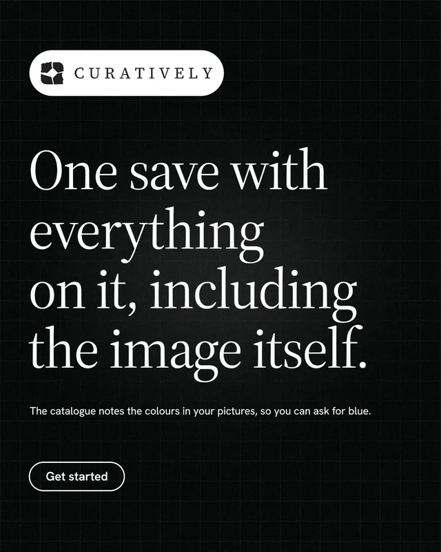 Instagram portrait post for Curatively: "One save with everything on it, including the image itself." Phosphor atlas style, announce layout, dark palette in black, grey.