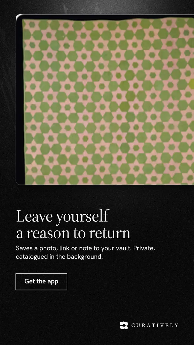 Instagram story for Curatively: "Leave yourself a reason to return". Dark deco style, bottom layout, dark palette in yellow, black.