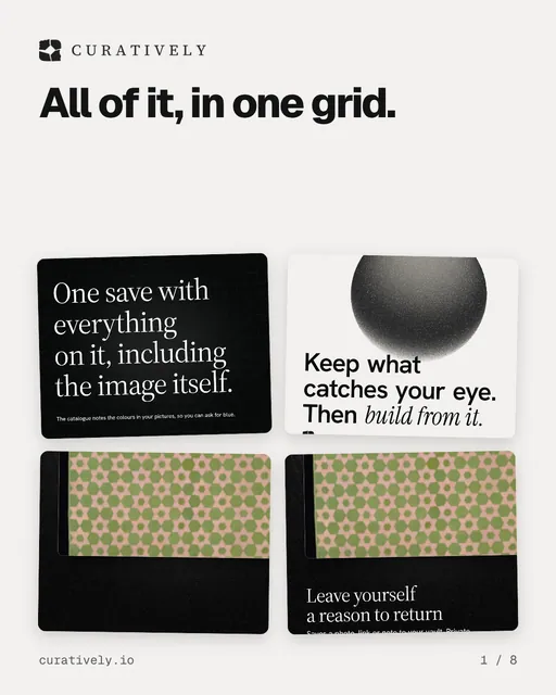 Carousel for Curatively: "All of it, in one grid.". Collection carousel, 8 slides, light palette.