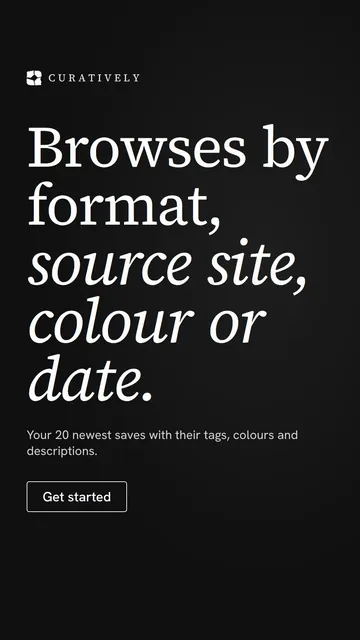 Video for Curatively: "Browses by format, source site, colour or date.". Doc motion loop, 6.0 s, dark palette.