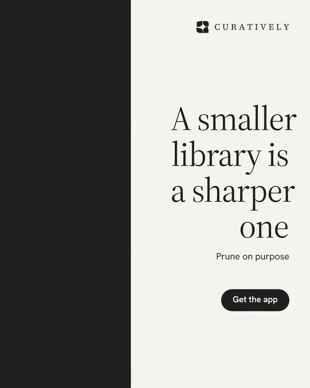 Instagram portrait post for Curatively: "A smaller library is a sharper one". Data card style, right layout, light palette in white, black.